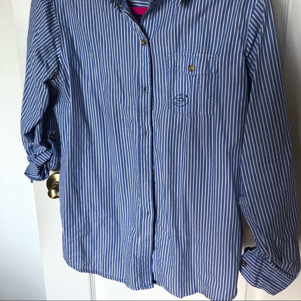 Shirt:blouse blue/white pin striped